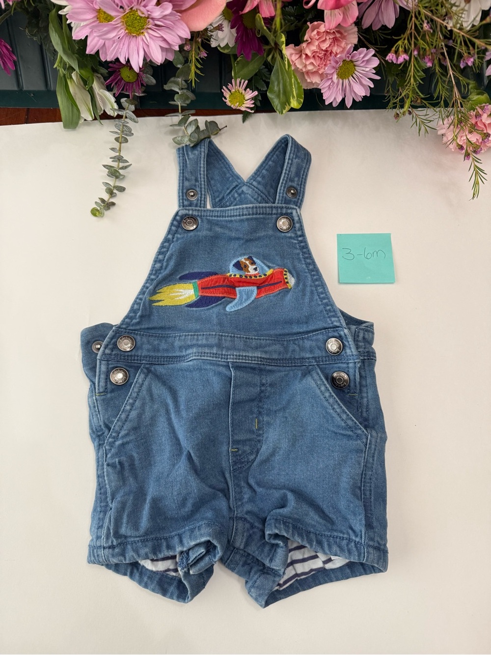 Baby Boden Blue Denim Overalls with Dog Rocket Embroidery